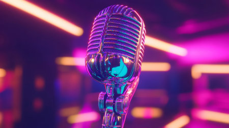 A close-up of a handheld microphone with vibrant colors reflecting off its surface, capturing the excitement of live performances and music eventsの素材
