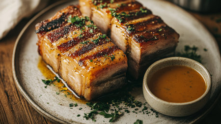 A beautiful close-up of roasted pork belly served on a plate, garnished with herbs and accompanied by a dipping sauce, highlighting its rich textureの素材