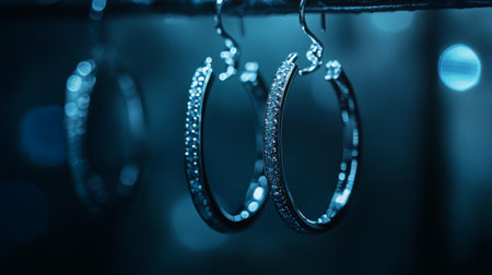 A captivating image of hoop diamond earrings hanging gracefully from a jewelry stand, illuminated by soft lighting to emphasize their exquisite sparkleの素材
