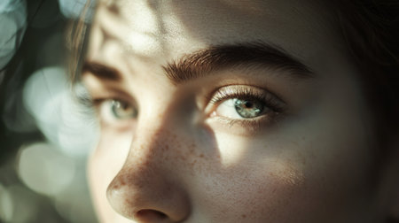 A beauty close-up featuring a woman with light, naturally shaped eyebrows, with soft makeup to enhance her facial features and a blurred background for focus.の素材