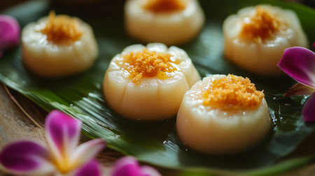 A close-up of traditional Thai desserts made with condensed milk, beautifully presented on a banana leaf, showcasing the cultural significance of this sweet ingredient.の素材