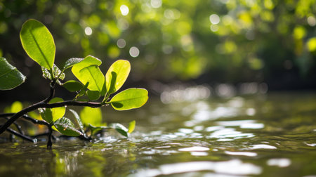 A close-up of mangrove leaves with water droplets, capturing the details of their texture and color against the backdrop of the forestの素材