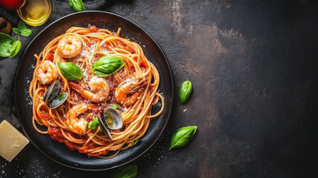 A beautifully plated dish of spaghetti with seafood, featuring clams, shrimp, and a rich tomato sauce, garnished with basil leaves and Parmesan cheeseの素材
