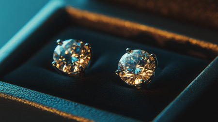 A beautiful image of diamond earrings nestled in a luxurious jewelry box, with soft lighting that accentuates their sparkle and showcases their eleganceの素材