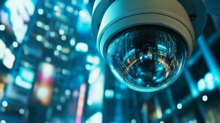 A close-up of a CCTV camera's lens, with reflections of the surrounding area captured in the glass, creating a visually interesting perspective on surveillance technologyの素材