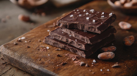 A close-up of luxurious dark chocolate bars stacked on a rustic wooden surface, with cocoa beans and a sprinkle of sea salt beside them, evoking indulgence and richness.の素材