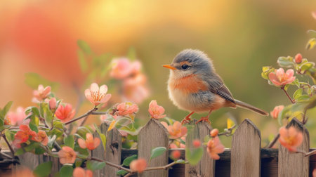 A captivating photo of a baby bird with colorful feathers, perched on a garden fence, surrounded by blooming flowers, symbolizing the beauty of nature in full bloom.の素材