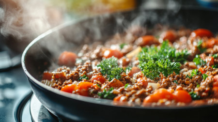 A close-up shot of a rich, savory bolognese sauce simmering in a pot, showcasing the vibrant colors of tomatoes, herbs, and ground meat, perfect for pasta dishesの素材
