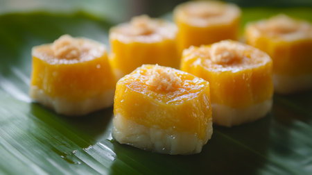 A close-up of traditional Thai desserts made with condensed milk, beautifully presented on a banana leaf, showcasing the cultural significance of this sweet ingredient.の素材