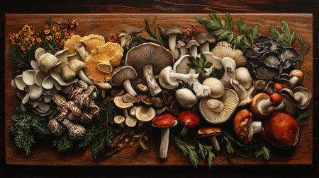 A close-up of a vibrant assortment of fresh mushrooms, including shiitake, oyster, and button mushrooms, artfully arranged on a wooden cutting board with herbs.の素材