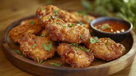 A close-up of golden-brown fried pork ribs served on a rustic wooden plate, garnished with fresh herbs and accompanied by a tangy dipping sauce, capturing the mouthwatering details.の素材