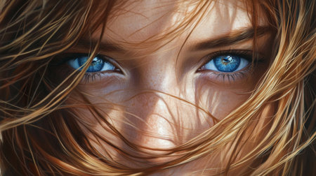 A close-up of sparkling blue eyes framed by soft waves of hair, catching the light in a way that highlights their depth and clarity, with a calm expression.の素材