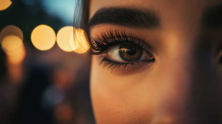 A close-up of a womans eyes with dramatic eyeliner and long lashes, exuding confidence, against a blurred background of a glamorous evening event.の素材