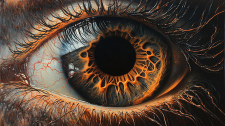 A close-up of a human eye, capturing the intricate details of the iris, pupil, and surrounding blood vessels, with light reflections creating depth and realism.の素材