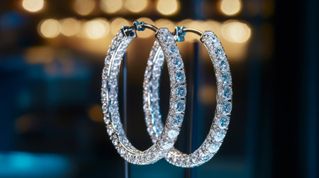 A captivating image of hoop diamond earrings hanging gracefully from a jewelry stand, illuminated by soft lighting to emphasize their exquisite sparkleの素材