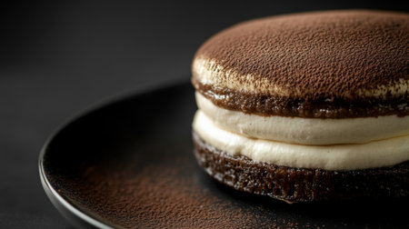 A close-up of a rich and creamy tiramisu, elegantly layered with coffee-soaked ladyfingers and dusted with cocoa powder, showcasing Italian dessert perfectionの素材