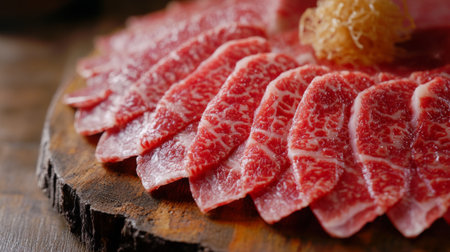 A close-up of a selection of fresh cuts of beef arranged on a wooden cutting board, showcasing the marbling and vibrant red color of the meat against a rustic backdropの素材