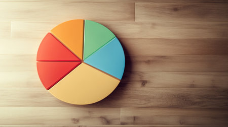 A close-up of a financial pie chart displaying customer demographics, with distinct colors for age groups and gender, arranged on a light wooden background for contrast.の素材