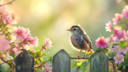 A captivating photo of a baby bird with colorful feathers, perched on a garden fence, surrounded by blooming flowers, symbolizing the beauty of nature in full bloom.の素材