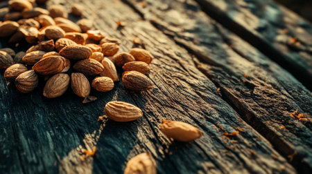 A close-up of raw almonds scattered on a rustic wooden table, showcasing their natural texture and color, with soft lighting enhancing their organic appeal.の素材