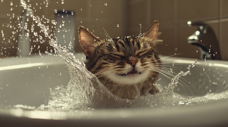 A cat mid-shake in the bath, water droplets flying everywhere as it tries to shake off the water, creating a humorous splash effect.の素材