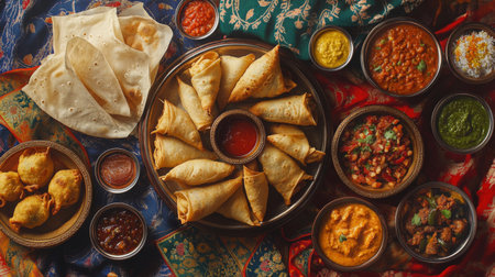 An artistic flat lay of traditional Indian snacks, such as samosas, pakoras, and chutneys, arranged on a colorful fabric, highlighting the diversity of flavors.の素材