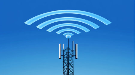 An artistic representation of wireless signals radiating from a cell tower, with a clear blue sky in the background, symbolizing the backbone of wireless communication.の素材