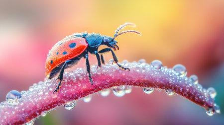 A captivating image of a beetle climbing on a dewy leaf at dawn, with soft sunlight illuminating the scene, capturing the tranquility of early morning nature.の素材