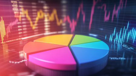 A D financial pie chart with vibrant colors, representing different revenue streams, set against a digital background with stock market graphs in the distance.の素材