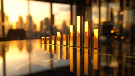 A D bar graph showcasing business profits, with bold, stacked bars representing various revenue streams, set on a reflective surface in a modern office setting.の素材