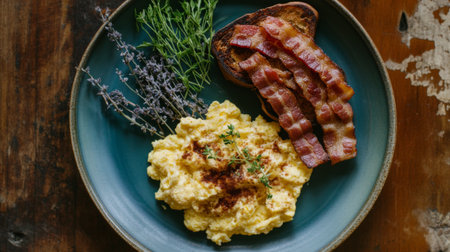 A beautifully arranged breakfast plate featuring perfectly cooked bacon, fluffy scrambled eggs, and toasted bread, garnished with fresh herbs for a colorful presentationの素材