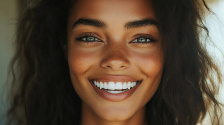 A close-up of a beautiful womans face with flawless skin, natural makeup, and soft lighting, emphasizing her radiant smile and expressive eyes.の素材