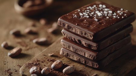 A close-up of luxurious dark chocolate bars stacked on a rustic wooden surface, with cocoa beans and a sprinkle of sea salt beside them, evoking indulgence and richness.の素材