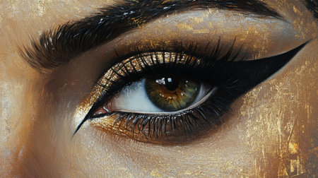 A close-up of beautifully contoured eyes, with perfectly applied mascara and eyeliner, highlighting the intensity and elegance of the woman's natural beauty.の素材