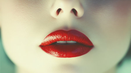 A beauty shot of a womans perfectly symmetrical face, featuring bold red lips, smooth skin, and defined cheekbones, with a soft focus background.の素材