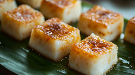 A close-up of traditional Thai desserts made with condensed milk, beautifully presented on a banana leaf, showcasing the cultural significance of this sweet ingredient.の素材