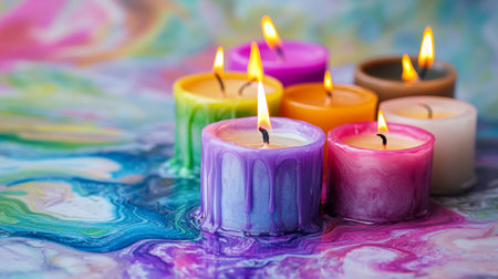A cluster of colorful candles melting slightly on a marble surface, with drips of wax creating interesting patterns and texturesの素材