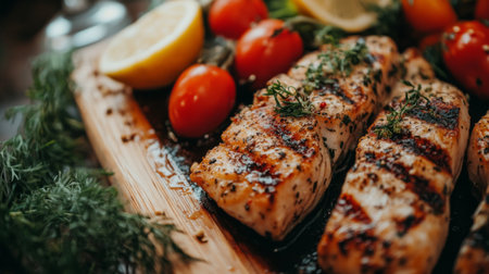 A close-up shot of grilled fish fillets seasoned with herbs and spices, served on a wooden board alongside fresh vegetables and a wedge of lemonの素材