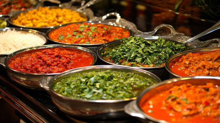 A colorful array of Thai curry dishes, including green, red, and massaman curry, served in traditional bowls with fresh herbs and rice, capturing the essence of Thai cuisineの素材
