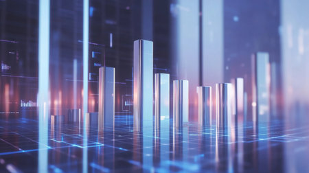 A corporate-style D bar chart with silver and blue bars, set on a reflective surface with floating data labels and a digital grid background.の素材