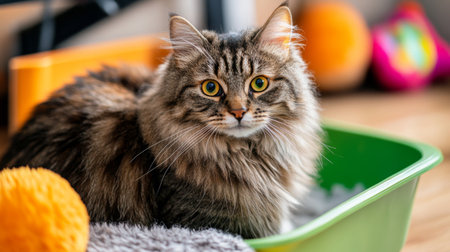 A cozy image of a fluffy cat sitting contently beside a clean litter box, surrounded by pet toys, creating a warm and inviting atmosphere in a loving home.の素材