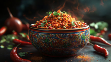 A colorful bowl of mixed spices including chili flakes, cumin, and turmeric, with whole chili peppers and herbs surrounding it, set against a dark background for contrast.の素材