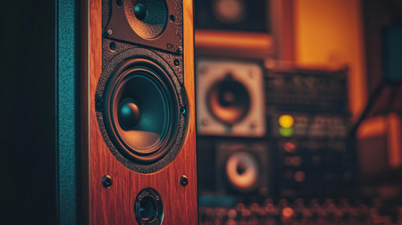 A close-up view of a professional studio monitor speaker, highlighting its precision and craftsmanship, set against a blurred background of recording equipmentの素材