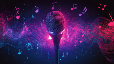A creative representation of a microphone surrounded by sound waves and musical notes, visually illustrating the art of sound and music creationの素材