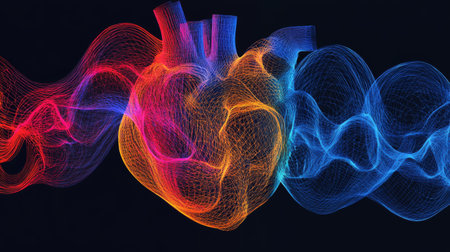 A conceptual illustration of heart waveforms in bright colors against a black backdrop, showcasing the complexity and beauty of cardiac rhythmsの素材