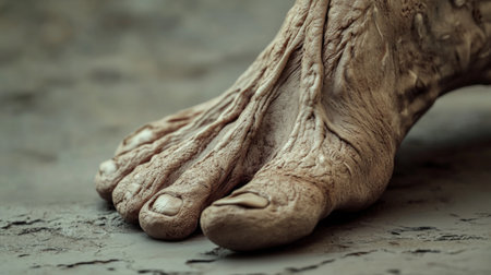 A detailed shot of a human foot, showing the arches, toes, and skin texture, emphasizing the anatomical structure and the importance of balance and support.の素材