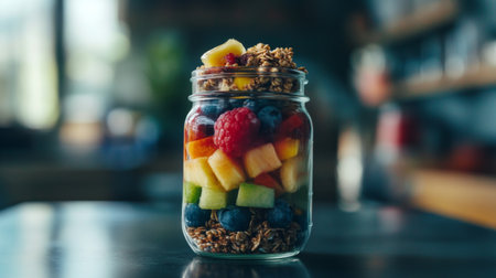A creative shot of a fruit salad in a mason jar, layered with colorful fruits and topped with granola, illustrating a trendy and portable healthy snack option.の素材