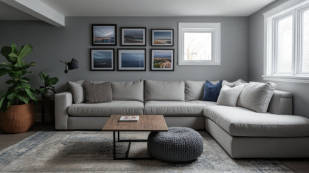 A cozy living room with a large sectional sofa, a stylish coffee table, and family photos adorning the walls, creating a personal and warm spaceの素材