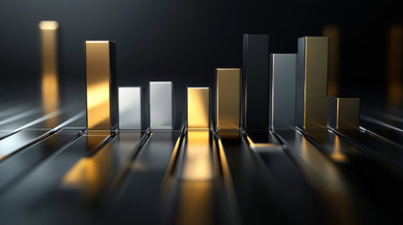 A corporate bar graph with silver and gold bars, representing financial performance, set against a dark background with subtle reflections and floating labels.の素材