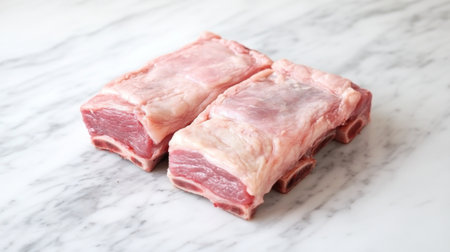 A dramatic image of fresh pork belly on a marble countertop, highlighting the layers of fat and meat, evoking thoughts of delicious cooking possibilitiesの素材